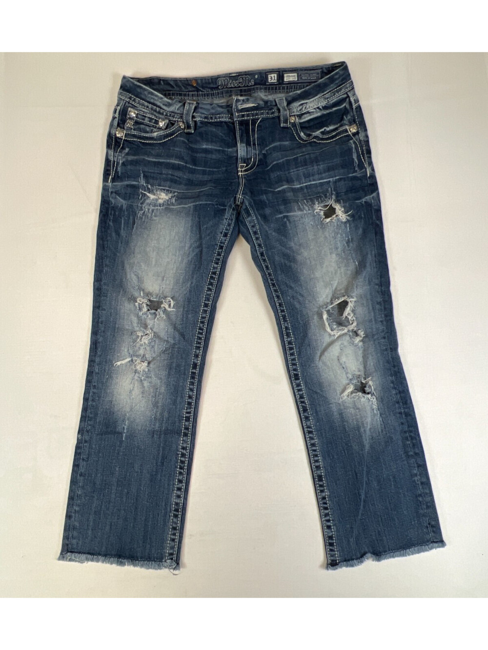 Miss Me Womens Mid-Rise Easy Crop Size 31 Distressed Dark Blue Denim Jeans